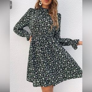 Allover Floral Print Flounce Sleeve Dress